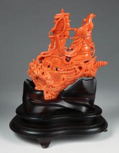 Exceptional Chinese Carved Coral Boat with Sailors - 822589