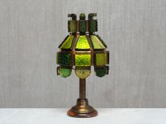 Exceptional Italian Brutalist Green Dalle de Verre Table Lamp in Brass 1970s - 4597957