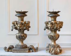 Exceptional Pair of 18th Century Italian Silvered Wood Candlesticks with Angel H - 4402340