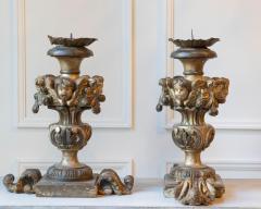 Exceptional Pair of 18th Century Italian Silvered Wood Candlesticks with Angel H - 4402343