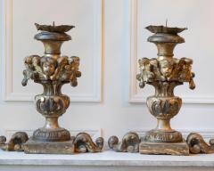 Exceptional Pair of 18th Century Italian Silvered Wood Candlesticks with Angel H - 4402344