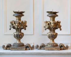 Exceptional Pair of 18th Century Italian Silvered Wood Candlesticks with Angel H - 4402349