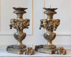 Exceptional Pair of 18th Century Italian Silvered Wood Candlesticks with Angel H - 4402359