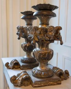 Exceptional Pair of 18th Century Italian Silvered Wood Candlesticks with Angel H - 4402363