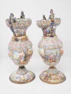 Exceptional Pair of Large Silver Mounted Viennese Enamel Vases by Rudolf Linke - 948534