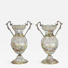 Exceptional Pair of Large Silver Mounted Viennese Enamel Vases by Rudolf Linke - 949053