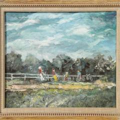 Expressionist Mid Century Landscape of Cyclists in Oil on Canvas - 3899289