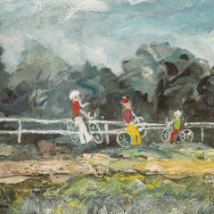 Expressionist Mid Century Landscape of Cyclists in Oil on Canvas - 3899318