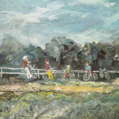 Expressionist Mid Century Landscape of Cyclists in Oil on Canvas - 3899343