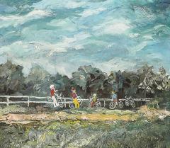 Expressionist Mid Century Landscape of Cyclists in Oil on Canvas - 3900498