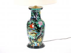 Exquisite Mid 20th Century Chinese Famille Noir Porcelain Table Lamp Wood Base - 3884394