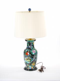 Exquisite Mid 20th Century Chinese Famille Noir Porcelain Table Lamp Wood Base - 3884401