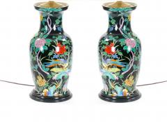 Exquisite Mid 20th Century Chinese Famille Noir Porcelain Table Lamp Wood Base - 3884404