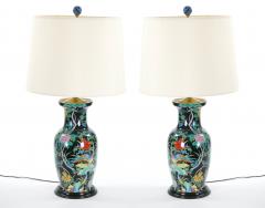 Exquisite Mid 20th Century Chinese Famille Noir Porcelain Table Lamp Wood Base - 3884406