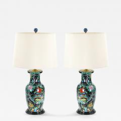 Exquisite Mid 20th Century Chinese Famille Noir Porcelain Table Lamp Wood Base - 3885015