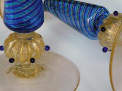 Exquisite Pair of Murano Gold Aventurine and Blue Filigrana Glass Candlesticks - 1636994