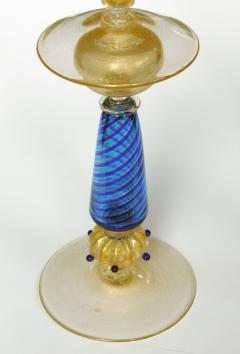 Exquisite Pair of Murano Gold Aventurine and Blue Filigrana Glass Candlesticks - 1636998