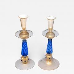 Exquisite Pair of Murano Gold Aventurine and Blue Filigrana Glass Candlesticks - 1637591