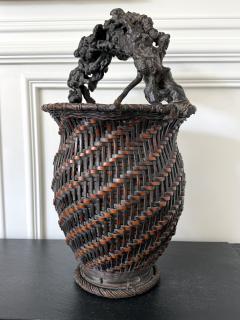 Extraordinary Smoke Bamboo Basket with Wisteria Root Handle Meiji Period - 4639293