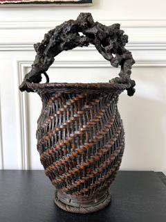 Extraordinary Smoke Bamboo Basket with Wisteria Root Handle Meiji Period - 4639294