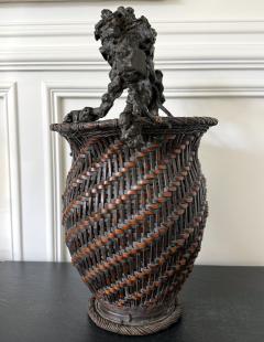 Extraordinary Smoke Bamboo Basket with Wisteria Root Handle Meiji Period - 4639295