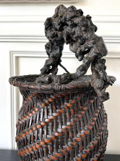 Extraordinary Smoke Bamboo Basket with Wisteria Root Handle Meiji Period - 4639304