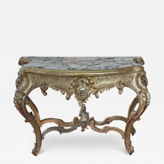 Exuberantly carved French Rococo Revival Giltwood Console Table with Marble Top - 3468684