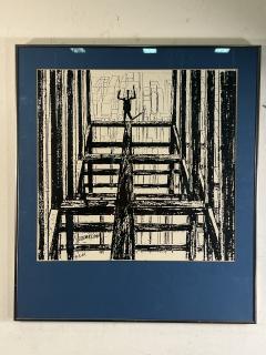 FIGURE ON TOP OF BUILDING BLACK AND WHITE LITHOGRAPH SIGNED - 3706693