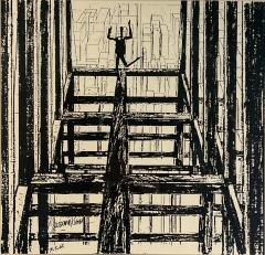 FIGURE ON TOP OF BUILDING BLACK AND WHITE LITHOGRAPH SIGNED - 3708722