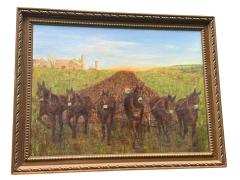 FOLK ART HORSES TILLING FIELD WITH FARMER BARN LANDSCAPE PAINTING - 4689575