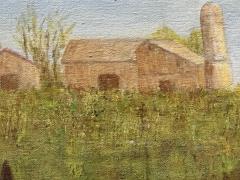 FOLK ART HORSES TILLING FIELD WITH FARMER BARN LANDSCAPE PAINTING - 4689576