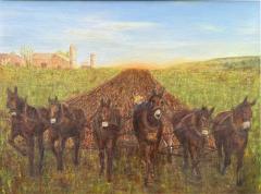 FOLK ART HORSES TILLING FIELD WITH FARMER BARN LANDSCAPE PAINTING - 4691256