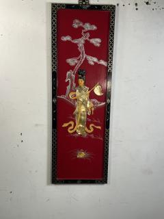 FOUR CHINESE PAINTED CARVED MOTHER OF PEARL PANELS WOMEN IN MARTIAL ART POSE - 3645084