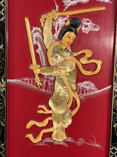 FOUR CHINESE PAINTED CARVED MOTHER OF PEARL PANELS WOMEN IN MARTIAL ART POSE - 3645088