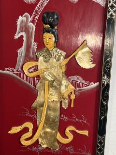 FOUR CHINESE PAINTED CARVED MOTHER OF PEARL PANELS WOMEN IN MARTIAL ART POSE - 3645089