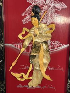 FOUR CHINESE PAINTED CARVED MOTHER OF PEARL PANELS WOMEN IN MARTIAL ART POSE - 3645094