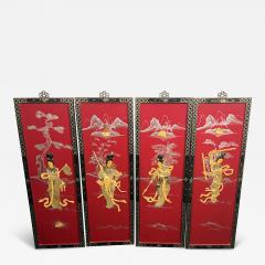 FOUR CHINESE PAINTED CARVED MOTHER OF PEARL PANELS WOMEN IN MARTIAL ART POSE - 3702422