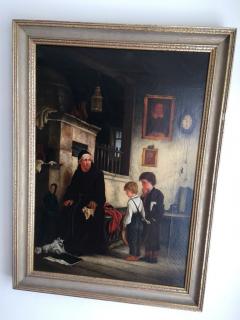 FRENCH 19TH CENTURY PAINTING OF MAN CHILDREN AND DOG IN DETAILED ROOM - 1148787