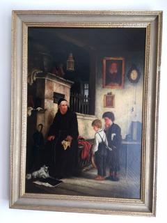 FRENCH 19TH CENTURY PAINTING OF MAN CHILDREN AND DOG IN DETAILED ROOM - 1148789