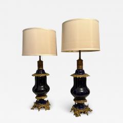 FRENCH ANTIQUE DARK BLUE PORCELAIN DORE BRONZE FLOWERY TENDRILS BASE LAMPS - 4475638