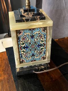 FRENCH ART DECO CHAPLEVE ONYX AND BLACK MARBLE LAMP WITH MATCHING FINIAL - 4124837