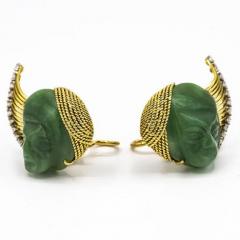 FRENCH PLATINUM 18K YELLOW GOLD CARVED JADE FACES CLIP ON EARRINGS - 1828795