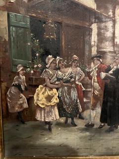 FRENCH VILLAGE SQUARE WITH MILITARY AND MAIDS OIL PAINTING ON BOARD - 4247723