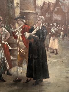 FRENCH VILLAGE SQUARE WITH MILITARY AND MAIDS OIL PAINTING ON BOARD - 4247724