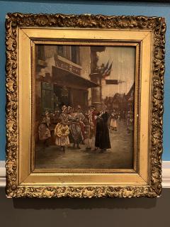 FRENCH VILLAGE SQUARE WITH MILITARY AND MAIDS OIL PAINTING ON BOARD - 4247725
