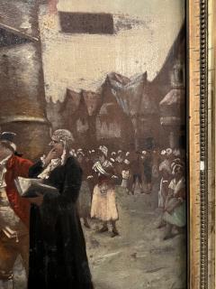 FRENCH VILLAGE SQUARE WITH MILITARY AND MAIDS OIL PAINTING ON BOARD - 4247728