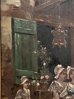 FRENCH VILLAGE SQUARE WITH MILITARY AND MAIDS OIL PAINTING ON BOARD - 4247731