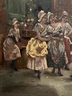 FRENCH VILLAGE SQUARE WITH MILITARY AND MAIDS OIL PAINTING ON BOARD - 4247732