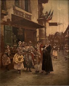FRENCH VILLAGE SQUARE WITH MILITARY AND MAIDS OIL PAINTING ON BOARD - 4248560