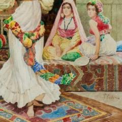 Fabio Fabbi Italian 1861 1946 Pair of Orientalist Watercolors Harem Dancers  - 1094863